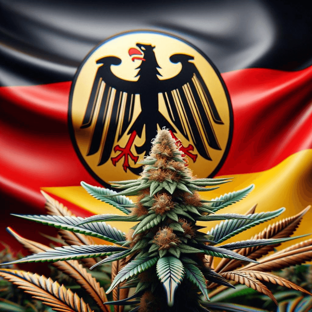 Cannabis legal na Alemanha. Botão de cannabis contra uma bandeira alemã